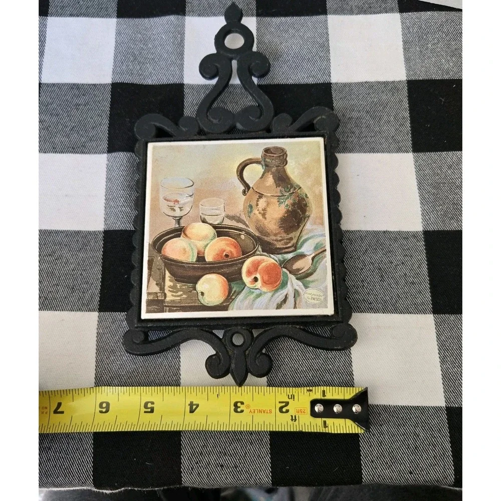 Enesco‎ Cast Iron & Tile Trivet Wall Hanging Bowl Peaches Jug Made In Japan